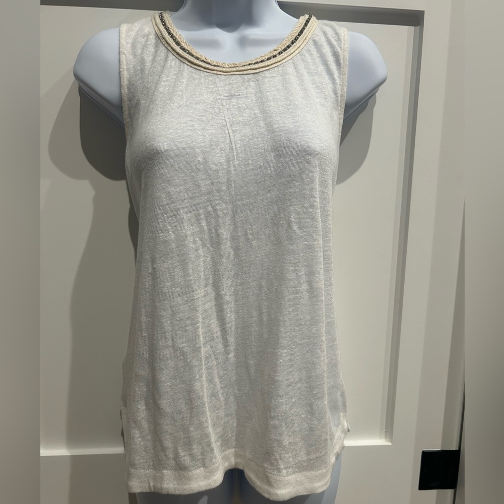 Ann Taylor White Knit Linen Tank  with Embellished Neckline